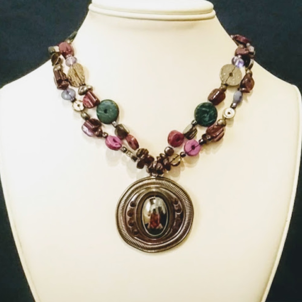 Vintage Boho Purple Blue Silver Tone Double Strand Pendant Necklace - Picture 1 of 7